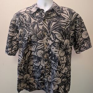 Men's Short-Sleeve Floral Button-Down Shirt in Black and Beige